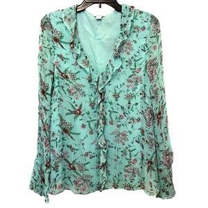 SUNDANCE Turquoise Floral Whimsy Lined Ruffle Blouse Cottagecore Boho Size XS